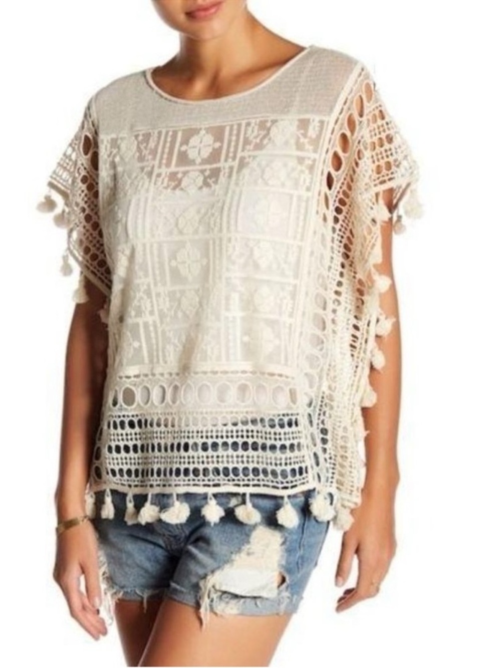 Tart Crochet Lace Tassel Short-Sleeve Top - Cream